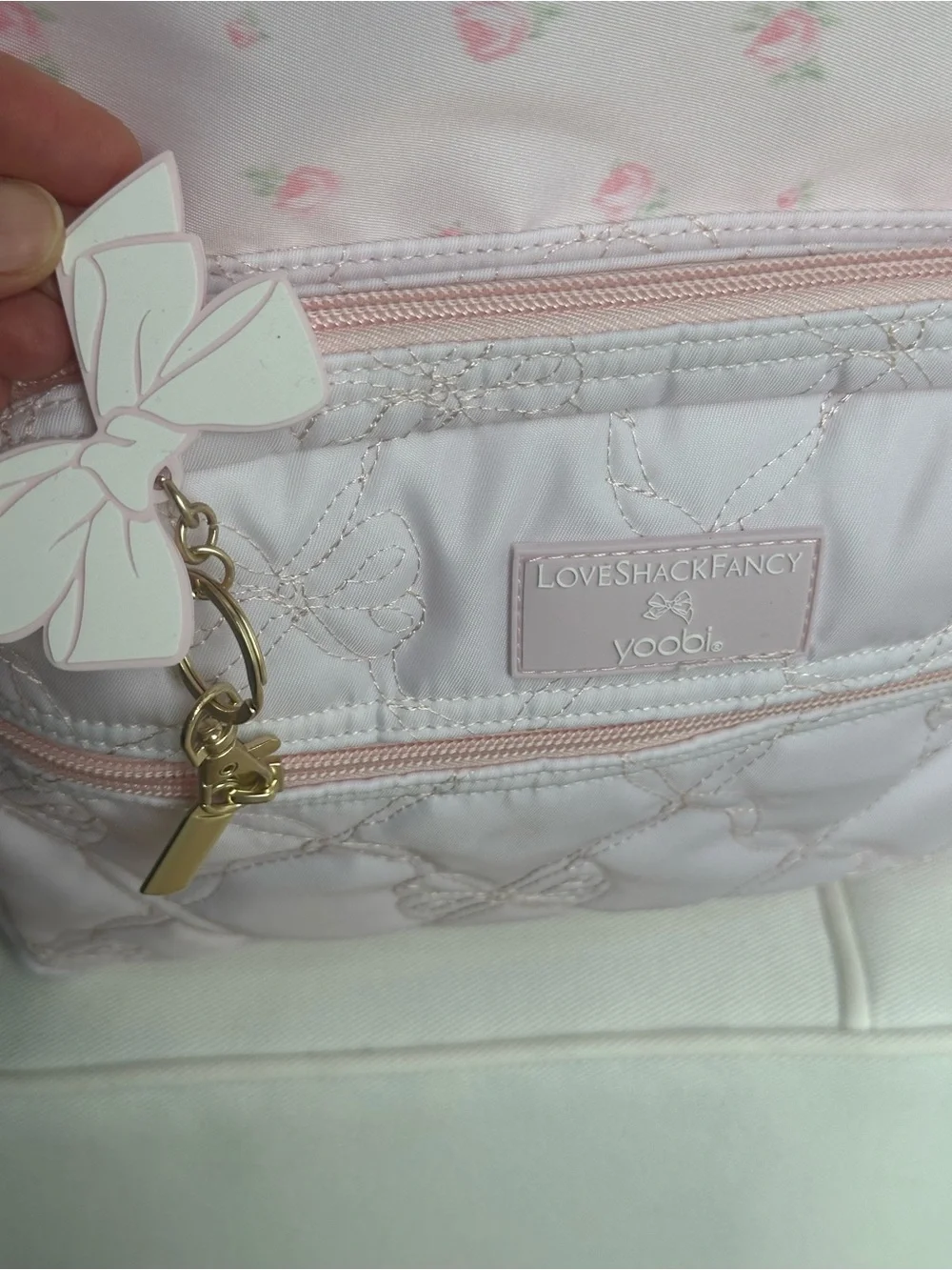 LoveShackFancy Pale Pink Quilted Floral Kids Backpack with Bow Charm